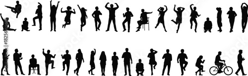 Big set of active people silhouettes, men and women jumping, dancing, sitting, standing, vector collection isolated