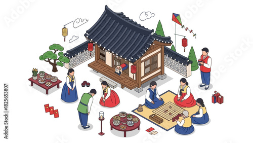Isometric illustration of a multi-generational Korean family celebrating a traditional holiday at a classic Hanok house