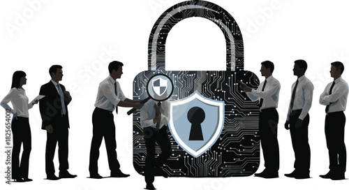 Business team inspecting digital padlock with magnifying glass, cybersecurity concept, data protection, corporate safety, privacy compliance, network firewall technology illustration