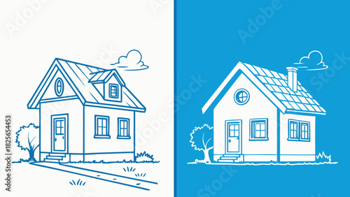 House Sketch Vector Illustration Set. Outline and Negative Space Design on Blue Background.