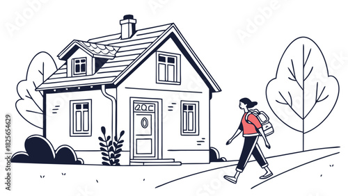 Black and White Line Art of Woman Walking to Traditional Home with Backpack.