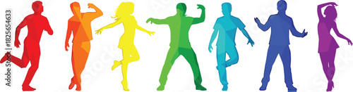 Diverse group of people in rainbow colored geometric silhouettes dancing and posing