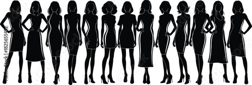 Elegant women fashion silhouettes standing together, modern dress designs, stylish model lineup, chic poses, perfect illustration for branding and creative projects