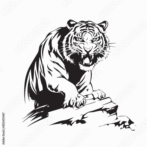 Stealthy Tiger on Rocky Ledge Preparing to Attack Image Vector On white background