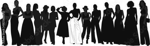 Fashionable women silhouettes in diverse stylish outfits and poses, modern fashion illustration, chic design elements perfect for creative artwork and projects