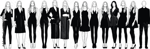 Elegant fashion illustration group of stylish models standing together, modern outfit designs, trendy clothing silhouettes for branding, artwork, and creative projects