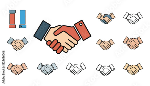 Collection of handshake illustrations in various color schemes, showcasing teamwork, partnership, and agreement concepts.