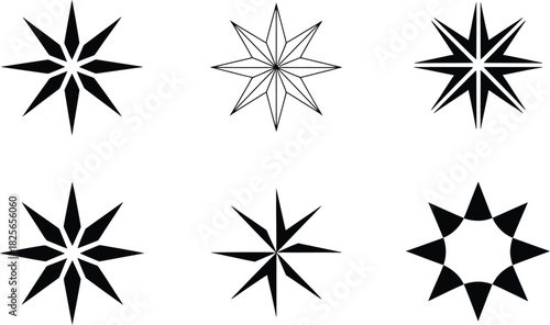 Collection of Six Stylized Star and Compass Rose Designs