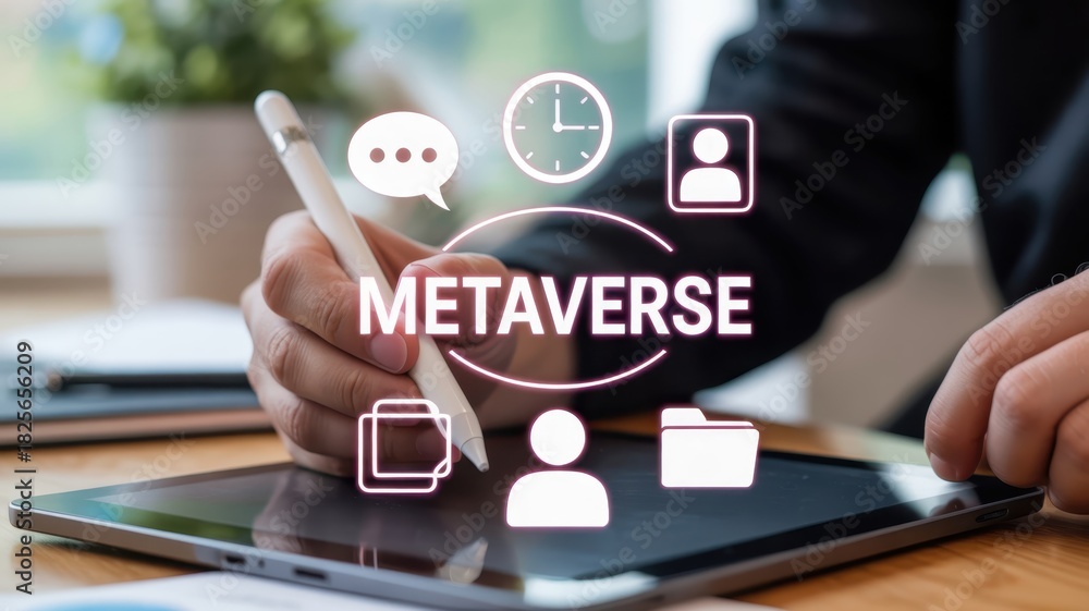 Naklejka premium Business professional interacts with digital interface representing virtual reality concepts on a tablet