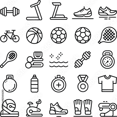 Fitness and Sports Equipment Icons Set Outline dumbbell