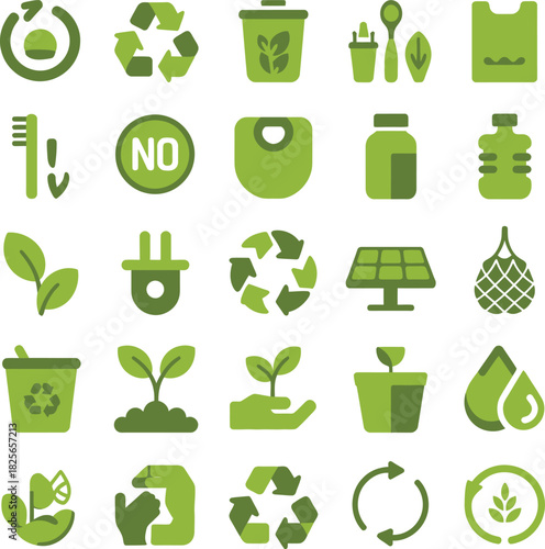 Sustainable Living Icons In Green Tones Keywords: eco, ecology, environment, green, nature