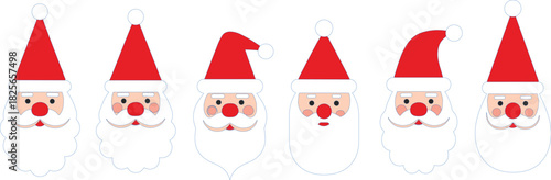 Six cartoon Santa Claus faces with red hats and white beards in a row Christmas holiday