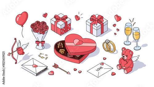 Isometric vector set celebrating romance and love with symbolic gifts for Valentine's Day or an engagement