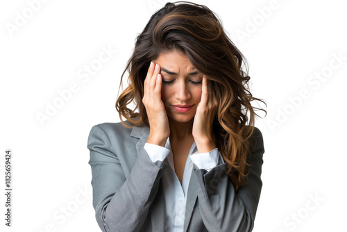 Stressed businesswoman holds her temples with a pained expression, suffering from a severe headache or migraine isolated on transparent background, png
