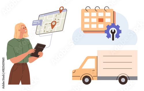 Woman using a tablet to track delivery on a digital map. Features calendar with gear icon and delivery truck. Ideal for logistics, route planning, scheduling, fleet management, e-commerce, supply