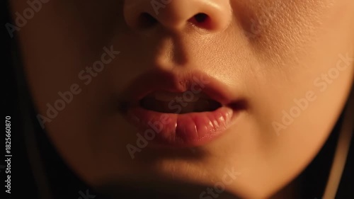 Close-up of a person's mouth speaking softly in a dimly lit environment