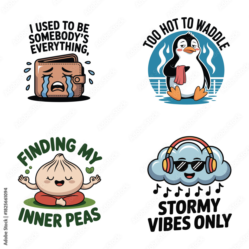 Fototapeta premium Cartoon wallet crying, penguin with towel, dumpling meditating, cloud with headphones Keywords