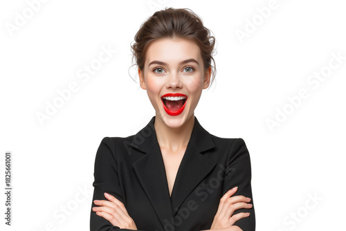 Surprised young businesswoman with wide-open mouth and red lipstick, wearing a black blazer with crossed arms isolated on transparent background, png