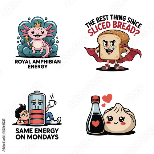 Cute Cartoon Axolotl, Bread, Tired Person, Dumpling with Sayings Keywords: cartoon, cute