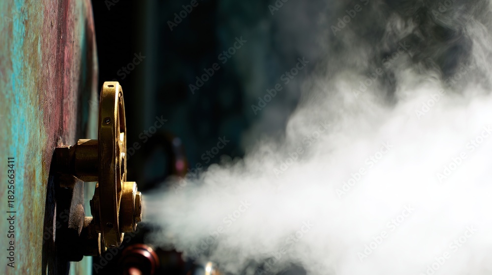 Obraz premium boiler. Industrial boiler safety valve releasing high-pressure steam, white vapor column. safety posters, maintenance manuals, designed for industrial assembly lines and welding operations.