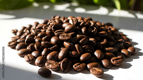 Close Up Roasted Arabica Coffee Beans, Pile on White Surface, Gourmet Coffee Photography, Fresh Coffee Bean Texture