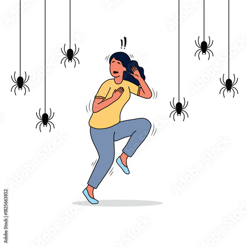 Spider phobia arachnophobia illustration of woman scared of spiders