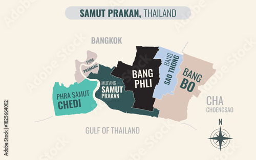 A map showing Samut Prakan Thailand divided into districts in a minimalist colorful style