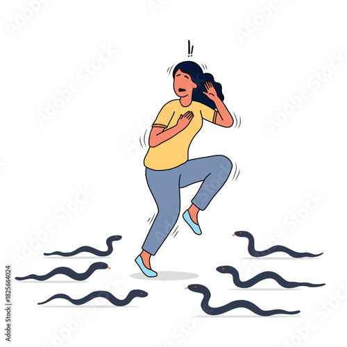 Snake phobia ophidiophobia illustration of woman scared of snakes