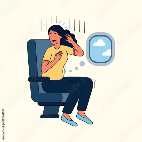 Flying phobia aerophobia illustration of woman afraid during flight