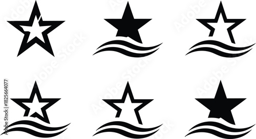 Collection of Six Black Star Icons with Wave Elements