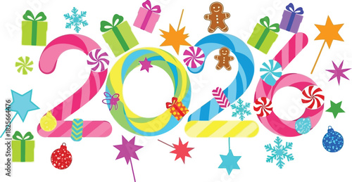 Colorful 2026 new year celebration with gifts and festive decorations