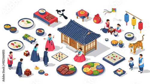 Cultural Korean isometric layout with traditional elements