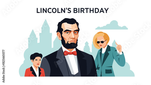 A historical tribute illustration of President Abraham Lincoln's legacy surrounded by modern figures and a cityscape