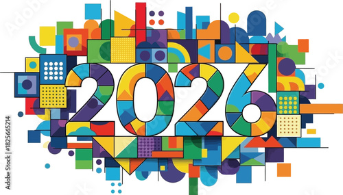 Vibrant and colorful abstract design celebrating the year 2026 with geometric shapes