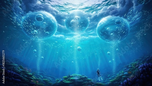 Fototapeta Naklejka Na Ścianę i Meble -  Surreal underwater scene with giant glowing orbs releasing streams of light toward a lone diver near coral reef