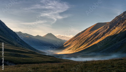 Majestic Mountain Valley at Dawn A Serene Landscape.