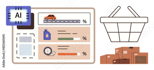 Microchip analyzing product data for market trends. Includes car, oil, tire graphics, basket, and boxes. Ideal for artificial intelligence, retail, inventory logistics analytics e-commerce simple