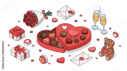 Valentine's Day gift box with chocolates, roses, and champagne, symbols of love and romance