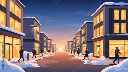 Winter City Street Scene with Buildings and People Illustration