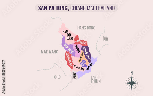 Map showing San Pa Tong District Chiang Mai Thailand divided into sub-districts with minimalist colorful patterns