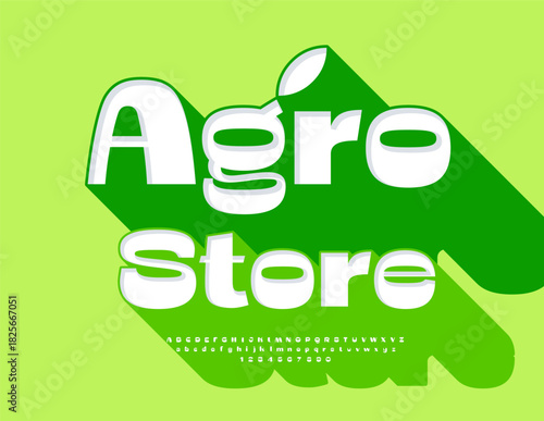 Vector Advertising signboard Agro Store. Elegant Font with Big Green Shadow. Fashion Alphabet Letters and Numbers set.