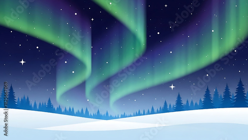 Aurora Borealis over winter landscape with snow and fir trees vector illustration