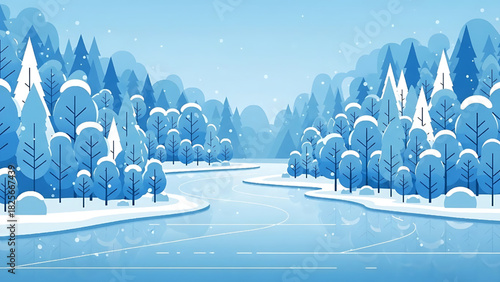 Winter Wonderland Landscape with Snow Covered Trees and Frozen River