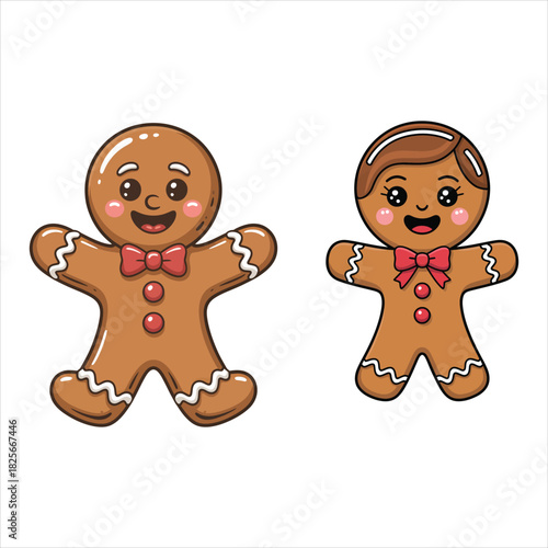 Two happy gingerbread men smiling cheerfully wear bow ties on a transparent background
