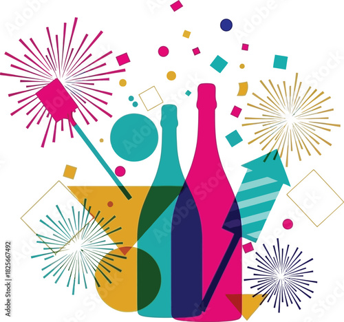 Celebration illustration with champagne bottles fireworks confetti and a party popper