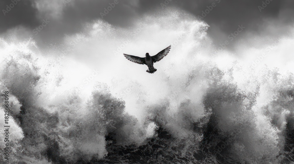 Fototapeta premium Titanic storm waves with a lone petrel swooping through turbulent skies.