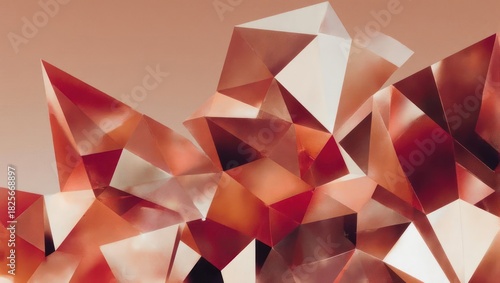 Abstract geometric shapes in shades of rose gold and peach.  Layered, faceted forms create a sense of depth and volume