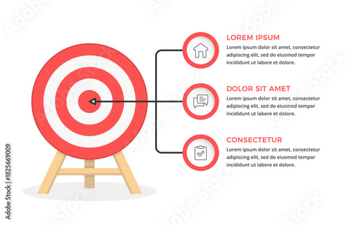 Business target infographic with red bullseye on stand and three elements for icons and text