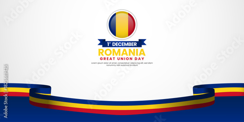 Romania great union day banner background design element with waving ribbon flag