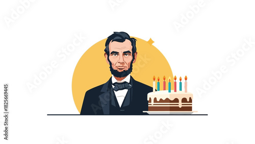 An illustrated portrait of a historical American president celebrating his birthday with a festive cake